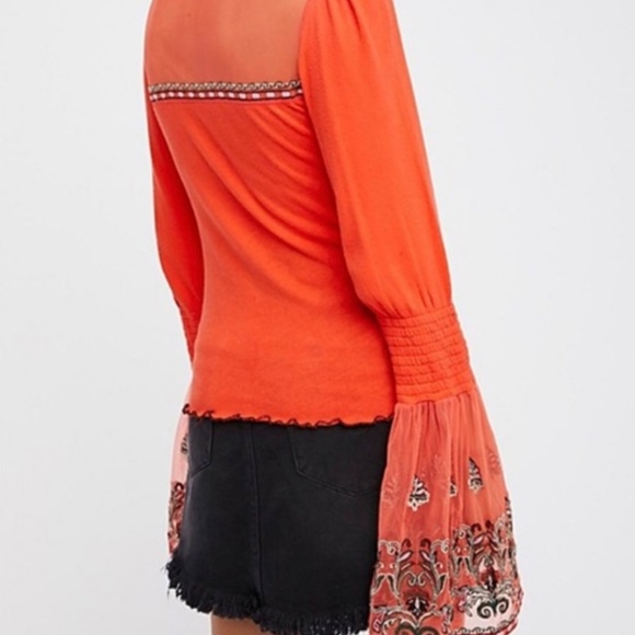 Free People High Tides Top Vibrant Orange Blouse with Bell Sleeves - Picture 3 of 9